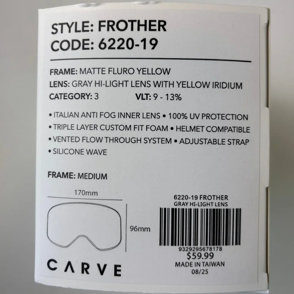 NEW Carve Frother Snow Goggles Yellow Unisex M 6220-19 Matte Fluro‎ Mirror Lens